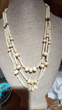 Vintage Multi-Strand Bovine Bone Bead Necklace, Gold-Toned Spacer Beads